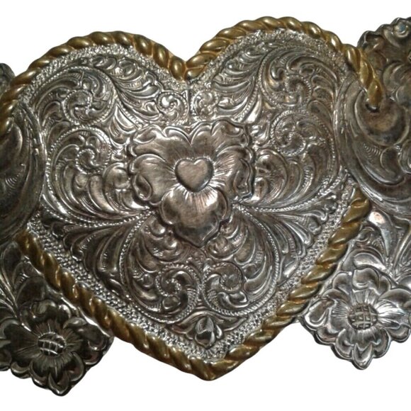 Crumrine Belt Buckle Hearts Flowers Silver Plate over Bronze Ornate Gold Trim main image 4